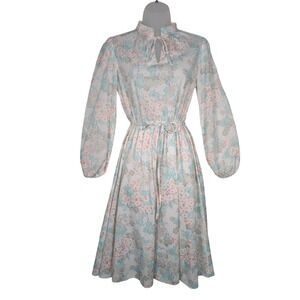 Melissa Lane Vintage 70s Midi Dress 10 White Floral Tie Neck Bishop Sleeve Sheer